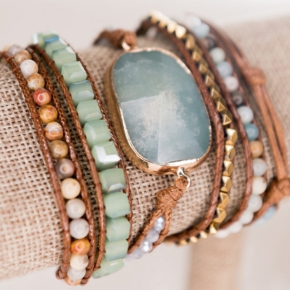 Beaded Wrap Leather Bracelet with Amazonite Stone, NWT
